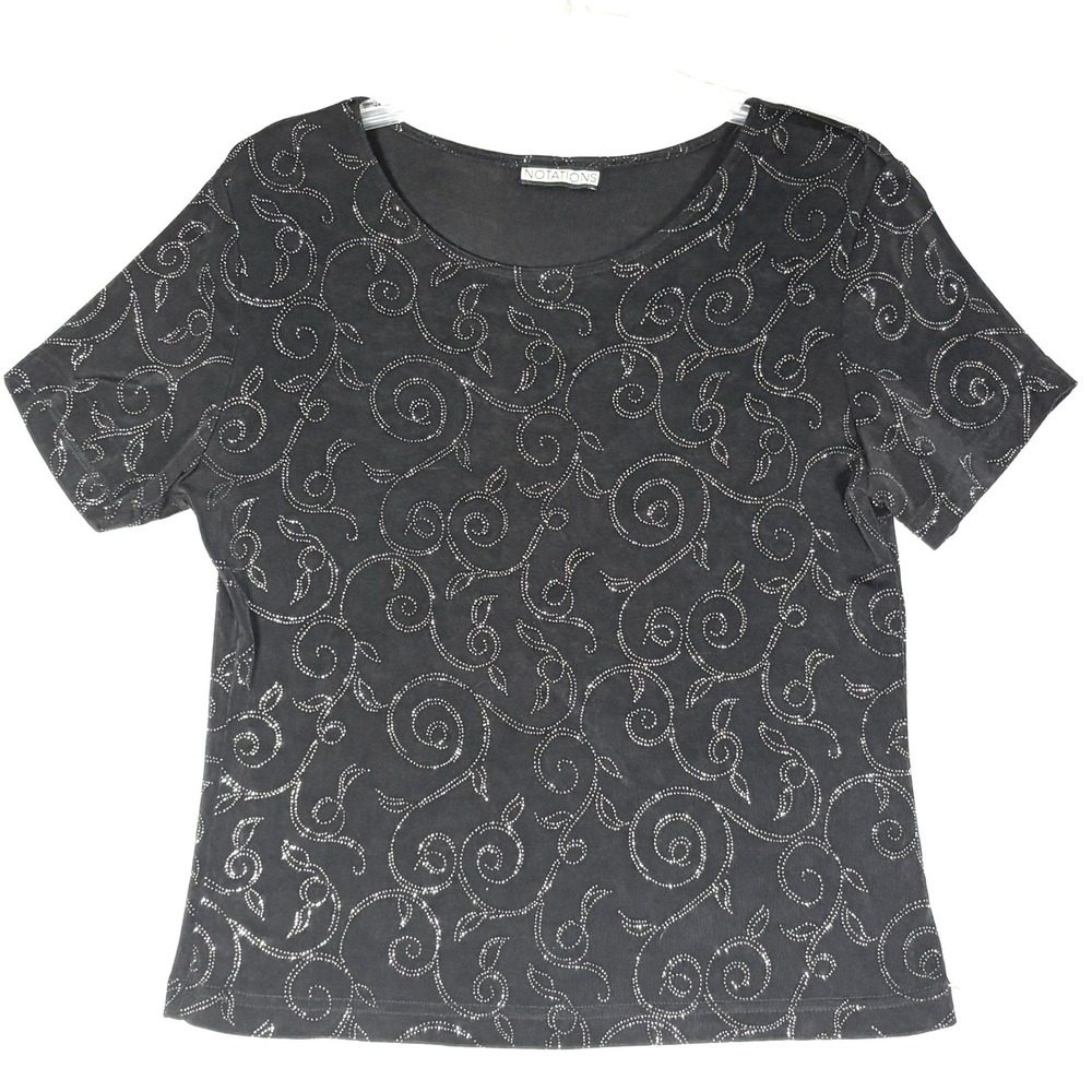 Notations Black Sheer Glitter Scroll Top  / Size Missing
